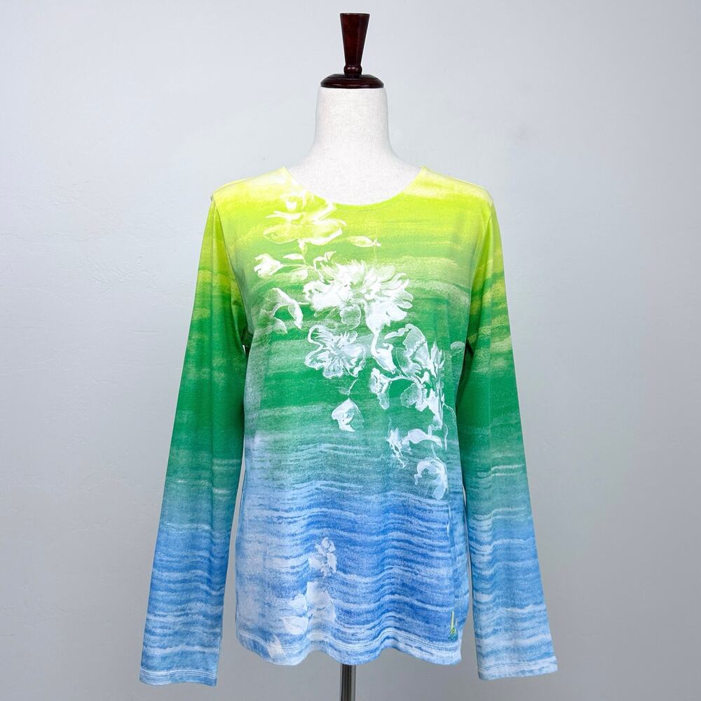 Lauren RL Active Green Blue Ombre Floral Long Sleeve 100% Cotton T-Shirt LARGE